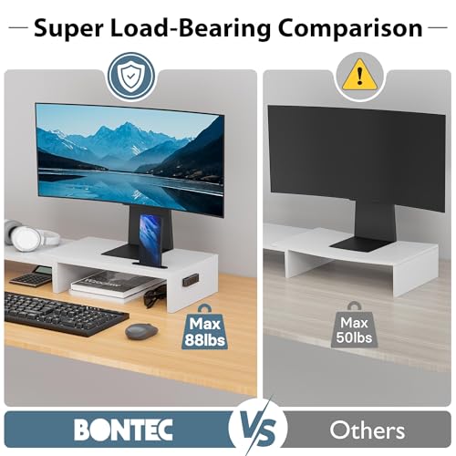 BONTEC Dual Monitor Stand Riser, Adjustable Length & Swivel Angle, Ergonomic Wooden Desktop Organizer with Smartphone Holder, Computer Monitor Stand for PC Monitor, Laptop, Printer, Large Storage