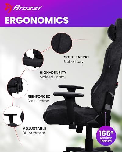 Arozzi Torretta Gaming Chair - Soft Fabric Ergonomic Gaming Chair for Adults Adjustable Backrest with Neck & Lumbar Pillows - Swedish Design Home Office Setup Professional Computer Chairs, Pure Black