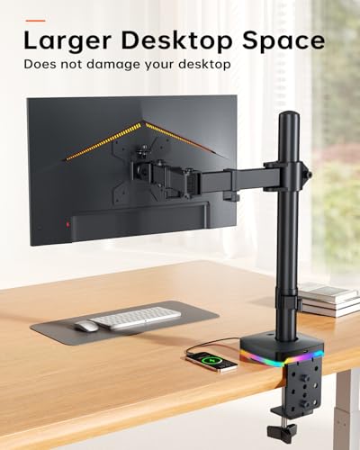 RGB Single Monitor Stand, Monitor Arm with 3 USB Ports, Charging and USB Data Transfer Function, Adjustable Desk Mount for 13"-27" Monitors up to 17.6lbs, VESA 75x75mm 100x100mm, Ergonomic Design