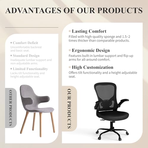 Flysky Mesh Office Chair, Ergonomic Computer Desk Chairs for Home Office - with Comfy/Comfortable Flip-up Arm Rests, Lumbar Support, Height Adjustable, 360 Degree Rolling Swivel (Black)