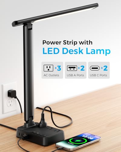 LED Desk Lamp with Power Strip, 3 AC Outlets & 4 USB Ports (2 USB-C), Stepless Dimming & 2800K-6500K Eye-Caring Desk Light, Foldable Table Lamp with 5FT Cord for Home Office, Dorm Room Essentials