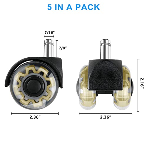 Office Chair casters,2 inch Replacement Desk Chair Wheels,Safe Quiet Rolling for Office Chair(Set of 5),Mute Rubber Rotating Desk Chair Caster Wheels, Safe for All Floors(Gold)