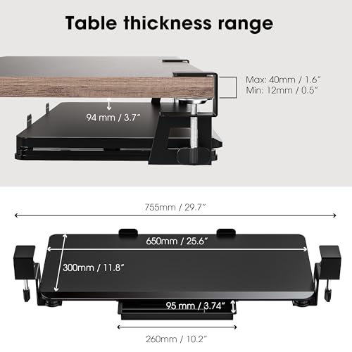 Fenge Keyboard Tray Under Desk, Pull Out Keyboard & Mouse Tray with C Clamp Mount, Sliding Keyboard Holder for Desk, 25.6 x 11.8 inch Large Slide-Out Platform Computer Drawer for Typing, Black