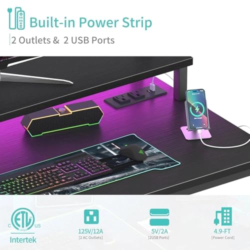 Lufeiya Small Desk with Power Outlets and LED Lights, 32 Inch Teen Writing Study Table Home Office Computer Desks with Monitor Stand, Gaming Desk with Charging Station, Black