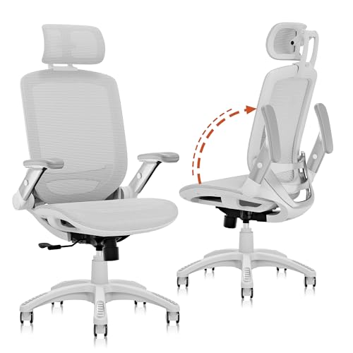 GABRYLLY Ergonomic Office Chair, High Back Home Desk Chair with Headrest, Flip-Up Arms, 90-120° Tilt Lock and Wide Cushion, 300LBS Mesh Chairs for Man Woman, White Task Chair(Grey,GY01WG)