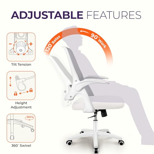 NEO CHAIR Office Desk Gaming Ergonomic Computer Chair with Lumbar Back Support Adjustable Height Swivel Rolling Wheels Flip-up Arms Mesh Chair for Home Vanity (Ivory)