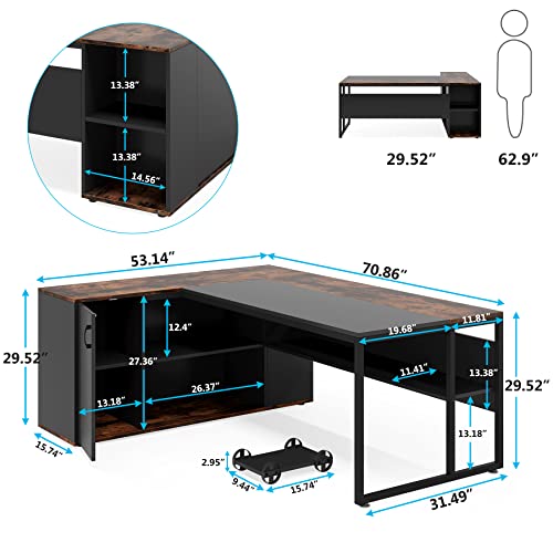 Tribesigns 71 inch Executive Desk, L Shaped Desk with Cabinet Storage, Executive Office Desk with Shelves, Business Furniture Workstation for Home Office, Brown and Black
