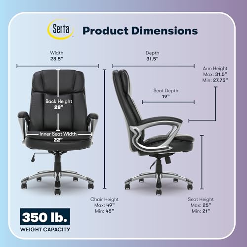 Serta Fairbanks Big and Tall Executive Office Chair - Ergonomic High Back Computer Desk Chair with Lumbar Support, Memory Foam Seat Cushion, Padded Armrests, Bonded Leather, 350 lb Capacity - Black