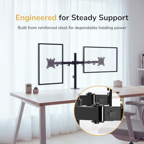 Mount-It! Dual Monitor Stand, Full Motion Desk Mount for 2 Screens up to 32” and 19.8 lbs Each, Tilt Swivel Rotate, VESA 75x75 & 100x100, Adjustable Dual Screen Arm with C-Clamp or Grommet