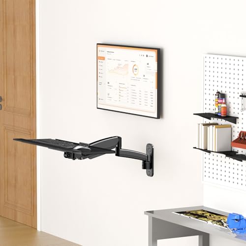 Keyboard Tray Wall Mount,Sit-Stand 26 Inch Keyboard and Mouse Stand,Height Adjustable Typing Platform,360 Degree Rotation, Holds up to 19.8 lbs, Black