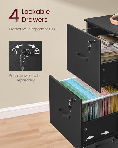 VASAGLE Custos Collection 4-Drawer Vertical File Cabinet for Home Office, Printer Stand, with 4 Lockable Drawers, Adjustable Hanging Rail, for A4 and Letter-Size Files, Ink Black UOFC082B02