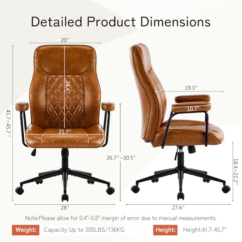 Furniliving Leather Office Chair, Comfy Home Office Desk Chair, Mid Century Modern Office Chair with Lumbar Support, Mid-Back Adjustable Swivel Computer Chair with Wheels and Arms, Brown