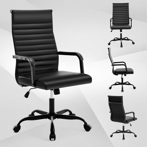 Haranuo Office Chair, Ergonomic Executive Conference Room Chairs, Ribbed Leather Desk Chair with Lumbar Support, Adjustable Height Mid-Back Swivel Chair with Padded Seat and Square Tube Armrests