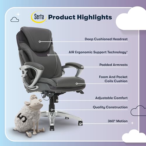 Serta Bryce Executive Office Chair - Ergonomic Computer Desk Chair with Patented AIR Lumbar Technology - Adjustable Height - Memory Foam Body Pillows - 360° Swivel Rolling Base - Bonded Leather - Gray