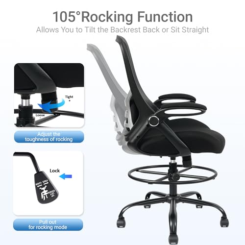 HYLONE 400lbs Big and Tall Heavy Duty Drafting Chair 5" Thickened Seat Tall Office Chair Flip-Up Armrests Ergonomic Chair with Lumbar Support and Adjustable Footrest Ring Standing Desk Chair (Black)
