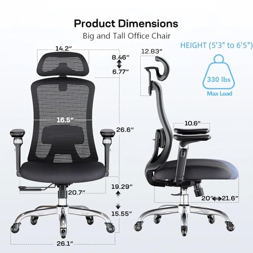 Marsail Ergonomic Office Chair with 6D Armrests, Ergonomic Chair with 3D Adjustable Headrest, Slide Seat, Lumbar Support, and 4-Position Tilt Lock – Big and Tall Office Chair with 330 lbs Capacity