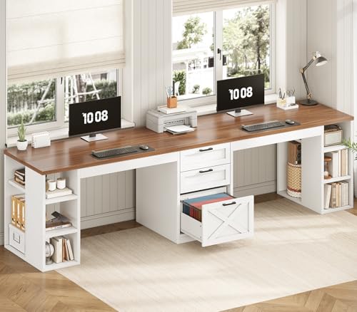 SEDETA Farmhouse 96.5" Computer Desk with Drawers, 2 Person Home Office Desk, Gaming Double Desk with Storage Shelves, Long Two Person Writing Desk (White and Brown)
