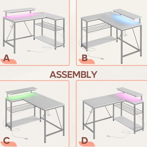 Bestier White Computer Desk with Charging Port & LED Strip,42 inch Modern Gaming Desk with Reversible Storage Shelves,Small L Shaped Desk with Hooks for Home Office