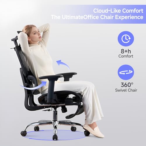 LarkLeaves Office Chair with Footrest, Ergonomic Chair with 3D Headrest, Computer Chair with Adjustable Backrest & 3D Armrest, Gaming Chair with Adaptive Lumbar Support, Mesh Backrest & Cushion, Black