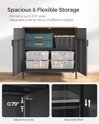 SONGMICS Storage Cabinet, Metal Cabinet, Sideboard with 2 Doors, 15.7 x 31.5 x 29.9 Inches, Magnetic Closure, Adjustable Shelf, Steel Frame, Rustic Brown and Black ULSC102B01