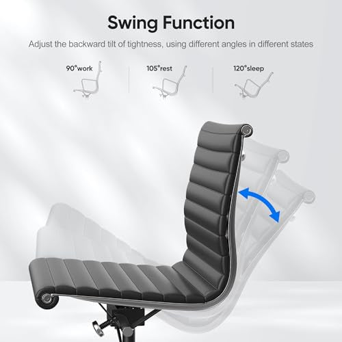OTDMEL Armless Ribbed Office Desk Chair with Top Grain Leather, Mid Back Ergonomic Swivel Room Chair, Adjustable Height 5-Star Base, Black
