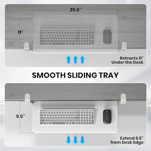 Keyboard Tray Under Desk, Pull Out Keyboard & Mouse Tray with Adjustable C-clamp, 25.6(31.5 Including Clamps) x 11.8 Inch Slide Out Computer Keyboard Drawer Mouse Tray for Typing,White