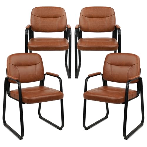 CLATINA Waiting Reception Chairs No Wheel, Leather Guest Chair with Padded Arms, Modern Brown Office Desk Chairs with Sled Base for Office Meeting Conference Room Lobby Home Living Room (4 Pack)