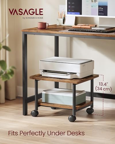 VASAGLE Printer Stand with Locking Wheels, Industrial Mobile Cart, Under Desk Printer Table for Home Office, 18.9 x 15.7 x 13.4 Inches, Storage Shelf, 2-Tier, Rustic Brown and Ink Black