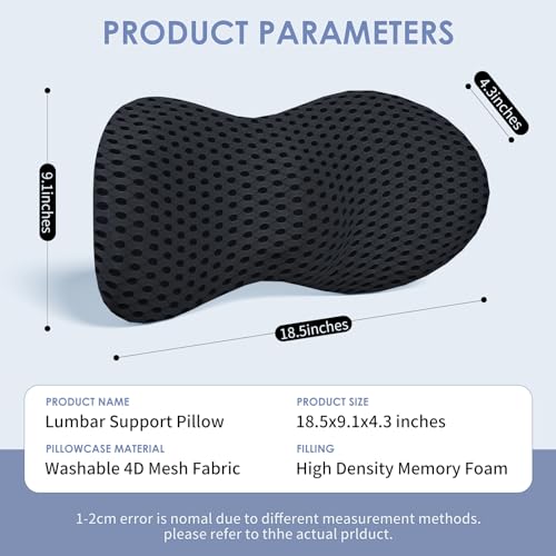 kasney Lumbar Support Pillow, Memory Foam Lumbar Pillow for Lower Back Pain Relief, Back Support Pillow for Office Chair, Car Seat - Black