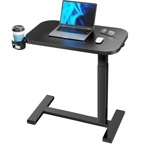 HUANUO 28Inch Bedside Table with Wheels, Height-Adjustable Rolling Computer Cart, Overbed Table with Cup Holder, Pneumatic Laptop Standing Desk for Home Office, Black