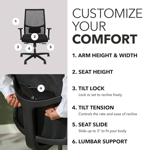 HON Ignition 2.0 Mid‑Back Ergonomic Office Chair, Mesh Task Desk Chair with Lumbar Support, Standard Synchro‑Tilt, Height and Width Adjustable Arms, Black Frame, Black