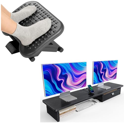 HUANUO Adjustable Under Desk Footrest, Large Dual Monitor Stand with Drawer