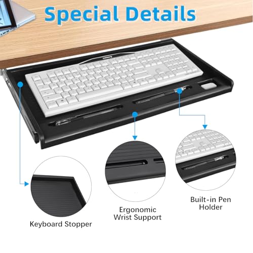 TOOCUST Under Desk Keyboard Tray, 20" Wx11"D Sturdy Key Board Tray Under Desk Slide with Pen Tray, Desk Extender with Pen Holder,Black