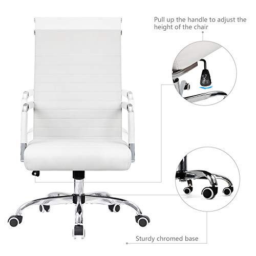 KaiMeng Ribbed Office Desk Mid Back Computer Chair Height Adjustable Conference Executive Task Swivel PU Leather (White)