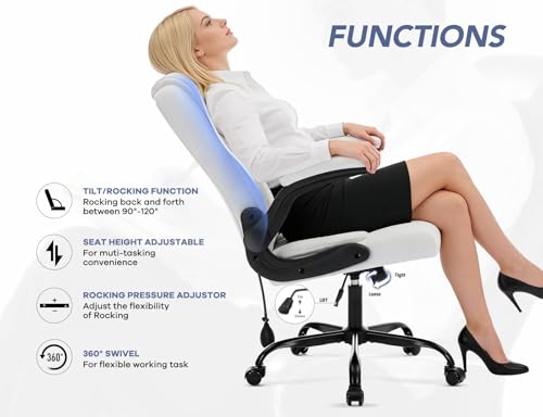 Office Chair with Adjustable Inflatable Lumbar Support,Leather Ergonomic Computer Desk Chair with Flip-up Arms,Adjustable Tilt Lock,Swivel Rolling Executive PC Chair for Work,Study,Meeting.White