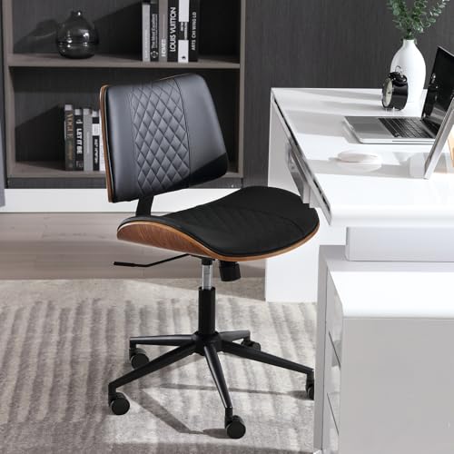 BERYTH Home Office Chair No Arms with Wheels, Adjustable Height Small Desk Chair, PU Leather Mid Back 360 Swivel Computer Chair, Armless Modern Walnut Chair for Office, Reading Meeting Room(Black)
