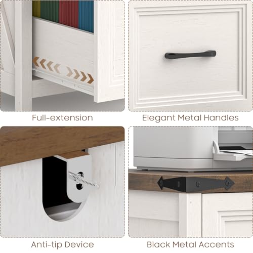 Vabches 2 Drawer Vertical File Cabinet, Wood Farmhouse Filing Cabinet Fits A4/Letter Size, Under Desk Small File Cabinets Printer Stand with Storage for Home Office, White and Brown