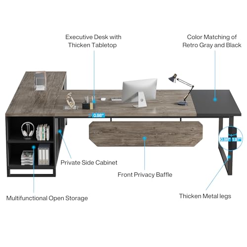 Tribesigns 70.8" Executive Desk with 55" File Cabinet, Industrial L Shaped Computer Desk with Storage Shelves and Cabinet, Large L Shaped Executive Desk for Home Office, Retro Gray & Black