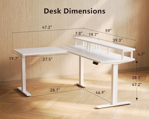 AODK Electric L-Shaped Standing Desk, 59 Inch Height Adjustable Office Desk with Monitor Stand, Sit-Stand Desk with Power Outlets, Large Lift Table for Home, Office, Workstation, White