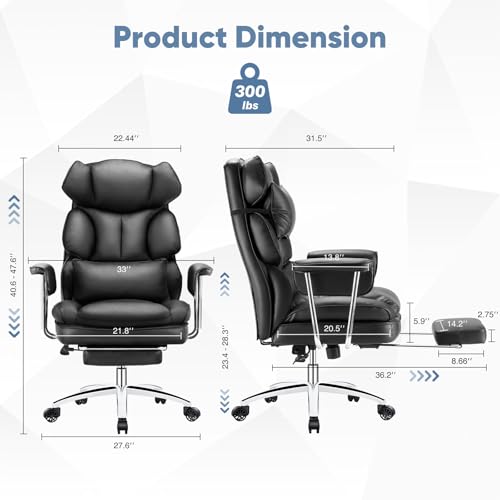 DUMOS Home Office Desk Executive Chair - Ergonomic Big Tall High Back with Footrest & Lumbar Support, Reclining Height Adjustable, Comfy PU Leather Computer Gaming with Swivel Wheels, Black