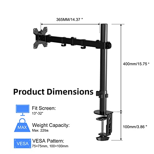 Pholiten Single Monitor Arm Desk Mount, Holds Screens up to 32 inch,Holds Up to 22lbs,Fully Adjustable Stand with C-Clamp and Grommet Base,100x100 Vesa Monitor Stand