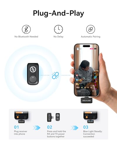 Hollyland Lark A1 Wireless Microphone for iPhone & Android, 48kHz/24-bit Studio Audio, 3-Level Noise Cancellation, 200m Range, Magnetic Mini Mic for Video Recording & Live Streaming (2TX + USB-C RX)