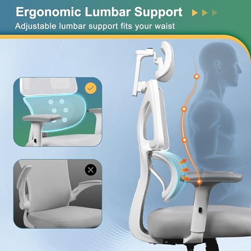 DEVAISE Office Chair Big and Tall Reclining Ergonomic Desk Chair for Long Hours, Comfy Breathable Mesh, Adjustable Armrests with Lumbar Support, White