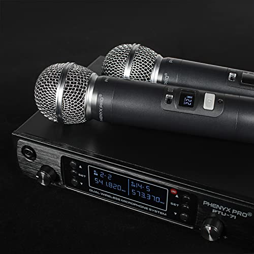 Phenyx Pro Wireless Microphone System, Dual Wireless Mics,w/ 2 Handhelds, Auto Scan,2x100 UHF Frequencies,328ft Range,Dynamic Microphone for Singing, Karaoke, Church(PTU-71-2H)