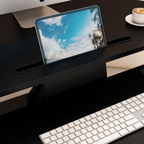 Lubvlook 32 inch Corner Standing Desk Converter, Height Adjustable Sit Stand Desk Riser with Keyboard Tray, Black, GSD76