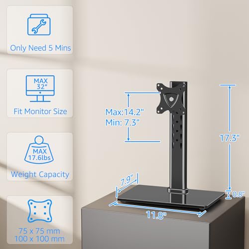 MOUNTUP Monitor Stand for Desk, Freestanding Monitor Mount Fits 13-32 inch Screen up to 17.6 lbs, Screen Stand with Swivel, Height, Rotation Adjustment, VESA Mount 100 x 100mm, 75 x 75mm