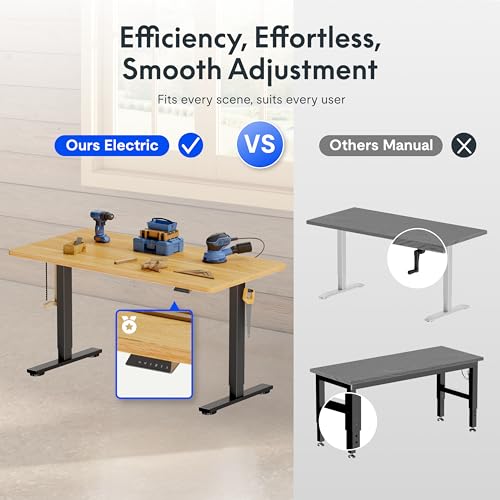 FLEXISPOT Electric Adjustable Workbench, 55x28 Inches Ergonomic Worktable with Drawer and Wheels for Garage, Workshop and Office, Spacious Desktop for Woodworking and Crafts, Maple, 4 Packages