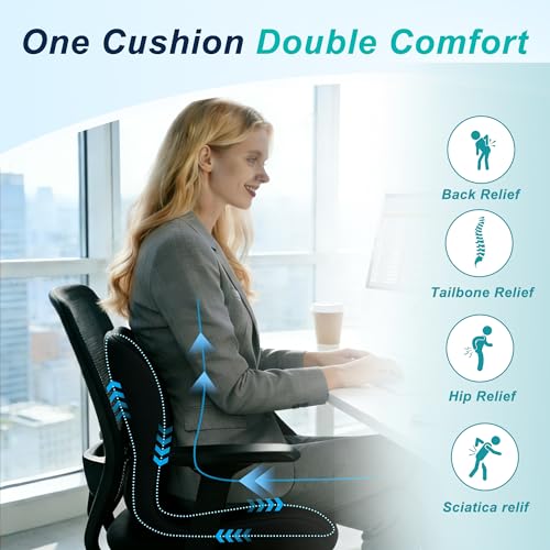BANKQF Seat Cushion for Office Chair and Car, Lumbar Support Pillow for Office Chair, Memory Foam Ergonomic Seat Cushion for Long Sitting, Back & Tailbone Pain, Sciatica - Black