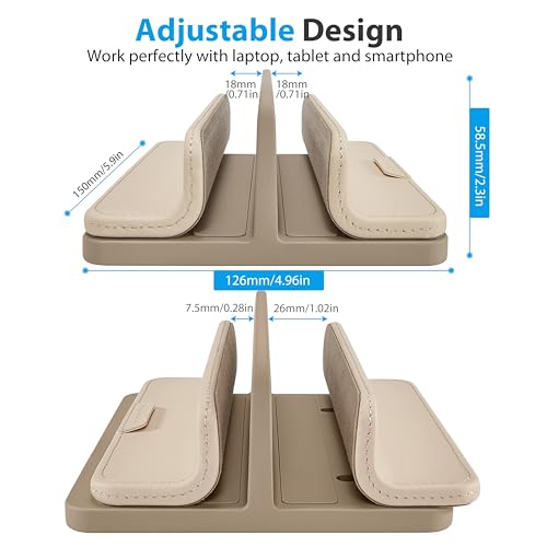 Dual Vertical Laptop Stand, 3 in 1 Upright Desktop Stand Holder with Adjustable Dock (Up to 17.3''), Leather Laptop Rack Storage Desk Organizer for Phone, Tablet, MacBook/HP/Dell/Chrome Book (Apricot)