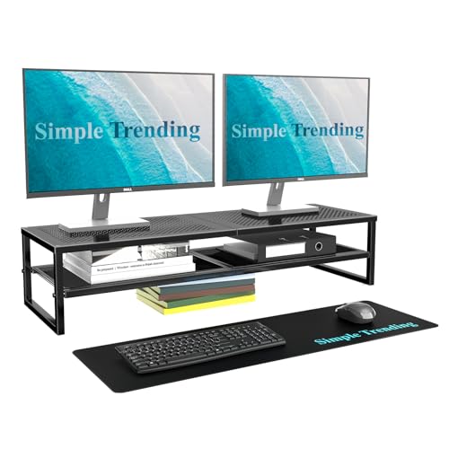 Simple Trending 2 Tier Metal Dual Monitor Stand Riser with 32"x10" Mouse Pad, Computer Desk Organizer for 2 Monitors, Laptop, Printer, TV, Black